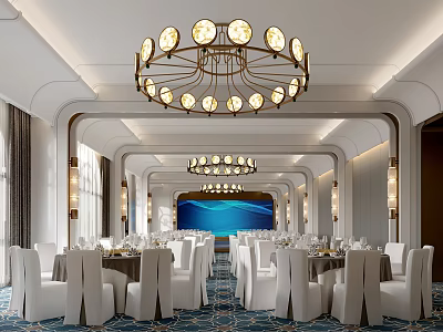 Luxurious Banquet Hall Interior With Elegant Chandeliers White Tables And Blue Backdrop 3d model