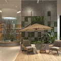 Mall Shop Interior Featuring Wooden Frame Ceiling Hanging Plants Dining Table And Display Cabinets