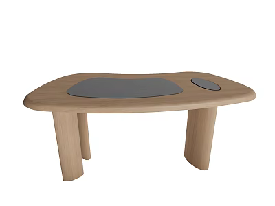Wooden Desk with Curved Tabletop Gray Pad and Small Circular Hole Modern Design 3d model
