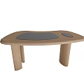Wooden Desk with Curved Tabletop Gray Pad and Small Circular Hole Modern Design