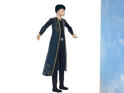 Animated Game Movie Character In Dark Robe With Golden Patterns And Black Short Hair 3d model