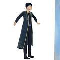 Animated Game Movie Character In Dark Robe With Golden Patterns And Black Short Hair