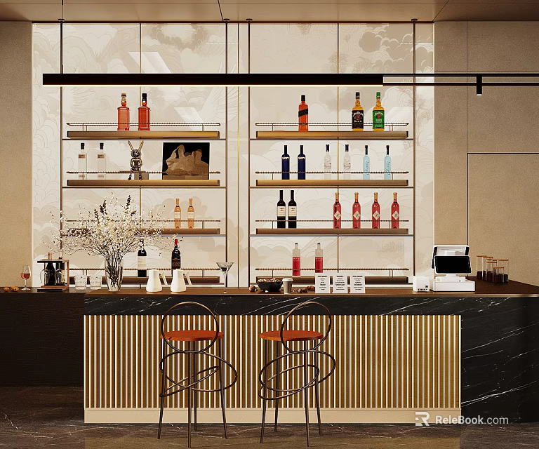 Modern Bar Interior With Counter Metal Stools And Wine Bottle Shelves 3d model 