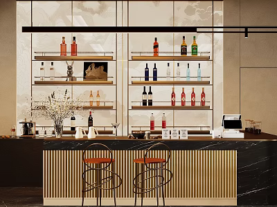 Modern Bar Interior With Counter Metal Stools And Wine Bottle Shelves 3d model
