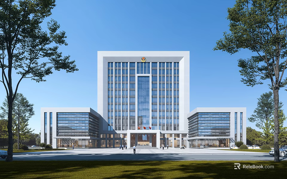 Modern Office Building with Glass Curtain Wall Symmetrical Design Surrounded by Trees and Open Plaza 3d model 