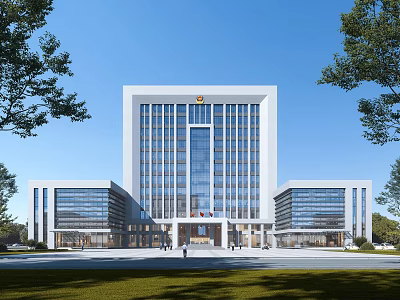 Modern Office Building with Glass Curtain Wall Symmetrical Design Surrounded by Trees and Open Plaza 3d model