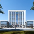 Modern Office Building with Glass Curtain Wall Symmetrical Design Surrounded by Trees and Open Plaza