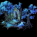 Blue Leaf Trees With Glowing Trunk And Crystal Decorations Along Mystical Pathway