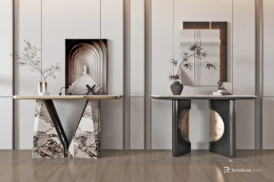Modern Console Table Design With Geometric Marble Base Decorative Vase Plant And Mirror Wall 3d model 