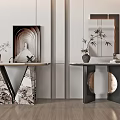 Modern Console Table Design With Geometric Marble Base Decorative Vase Plant And Mirror Wall