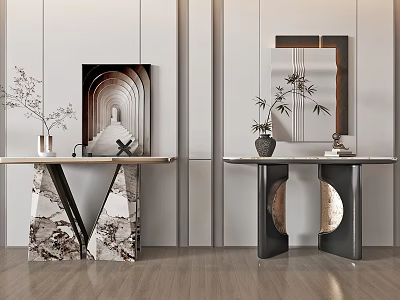 Modern Console Table Design With Geometric Marble Base Decorative Vase Plant And Mirror Wall 3d model