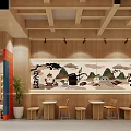 Cozy Bubble Tea Shop Interior With Wooden Ceiling Counter Drinks Display And Menu Boards