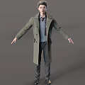 Man In Long Coat With Striped Shirt Tie And Outstretched Arms On Gray Background