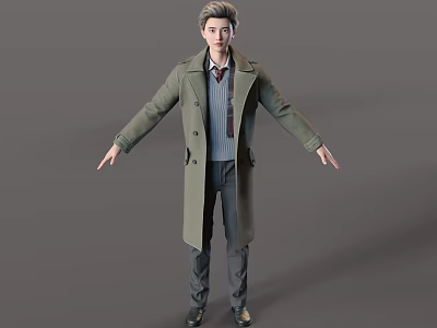 Man In Long Coat With Striped Shirt Tie And Outstretched Arms On Gray Background 3d model