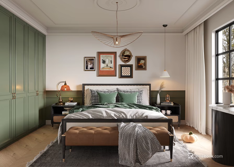 Cozy Bedroom Interior With Green Wardrobes Bedding Ceiling Pendant Light Framed Wall Art And Rug 3d model 