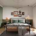 Cozy Bedroom Interior With Green Wardrobes Bedding Ceiling Pendant Light Framed Wall Art And Rug