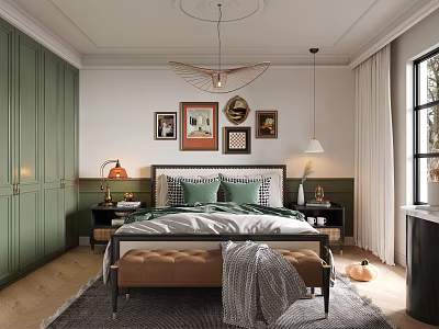 Cozy Bedroom Interior With Green Wardrobes Bedding Ceiling Pendant Light Framed Wall Art And Rug 3d model