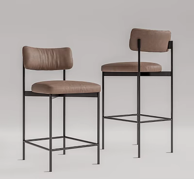 Modern Bar Stools With Brown Leather Seats And Black Metal Frames 3d model