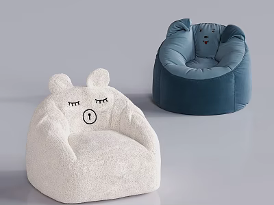 Cute White and Navy Blue Plush Bean Bag Chairs with Cartoon Faces and Rabbit Ears 3d model