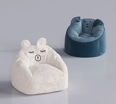 Cute White and Navy Blue Plush Bean Bag Chairs with Cartoon Faces and Rabbit Ears 3d model