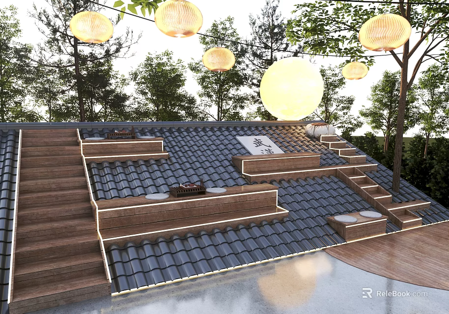 Rooftop Wooden House Design With Stone Tiles Stairs And Hanging Lanterns 3d model 