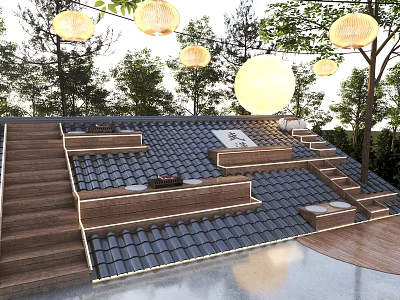 Rooftop Wooden House Design With Stone Tiles Stairs And Hanging Lanterns 3d model