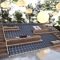 Rooftop Wooden House Design With Stone Tiles Stairs And Hanging Lanterns