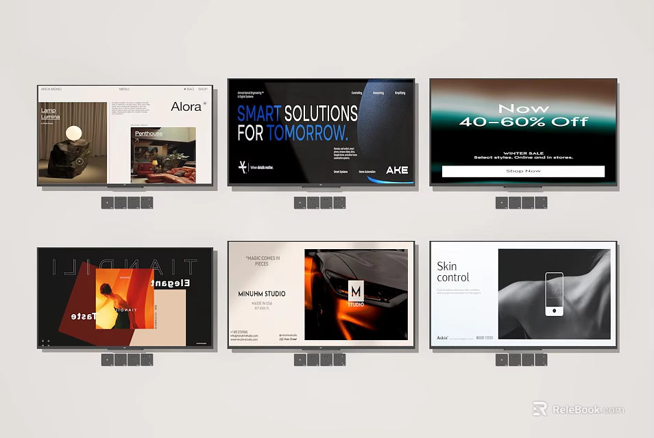 Modern TV Screens Display Various Content Including Smart Solutions And Promotions 3d model 