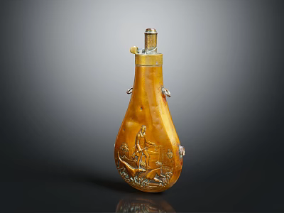 Vintage Yellow Leather Wine Bottle And Glass With Carved Patterns And Metal Accents 3d model