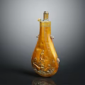 Vintage Yellow Leather Wine Bottle And Glass With Carved Patterns And Metal Accents