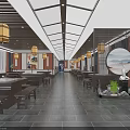 Chinese Style Restaurant Interior With Wooden Decor Hanging Lanterns Long Corridor Slate Floor Round Painting