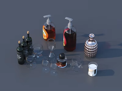 Wine Bottles And Glasses With Pump Bottles Decorative Metal Flask Small Jar And White Cup 3d model