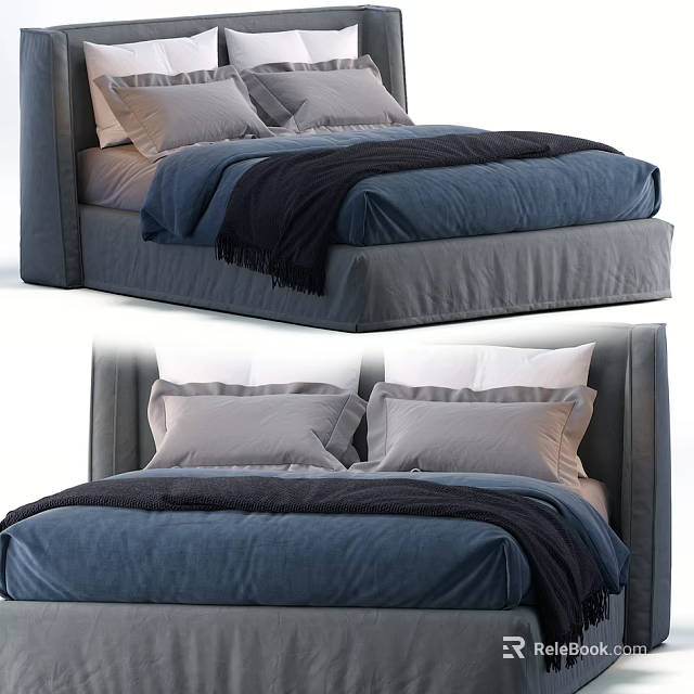 Stylish Double Bed With Upholstered Headboard Blue Bedding Gray Sheets And Plush Blanket 3d model
