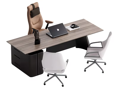 Modern Wooden Office Desk With Laptop Coffee Mug Phone And Brown White Office Chairs 3d model