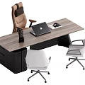Modern Wooden Office Desk With Laptop Coffee Mug Phone And Brown White Office Chairs