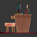 Elegant Wooden Dressing Table With Round Mirror Bottles Red Box And Stool On Red Rug