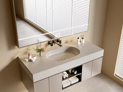 Bright Modern Bathroom Vanity With Large Mirror White Countertop Open Storage And Natural Light 3d model