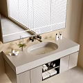 Bright Modern Bathroom Vanity With Large Mirror White Countertop Open Storage And Natural Light