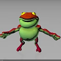 A 3D Red And Green Cartoon Frog With Yellow Eyes Standing Arms Outstretched