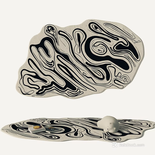 Modern Shaped Rug With Abstract Black White Swirl Artistic Pattern Design 3d model 