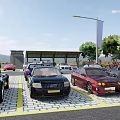Different Car Models Parked In City Parking Lot With Bicycle Area And People