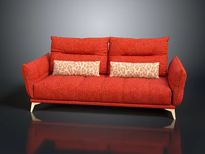 Red Modern Two Seater Sofa with Leopard Print Pillows and Golden Legs 3d model