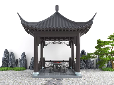 Traditional Chinese Garden Pavilion With Curved Dark Roof Stone Rockeries And Pine Tree Path 3d model