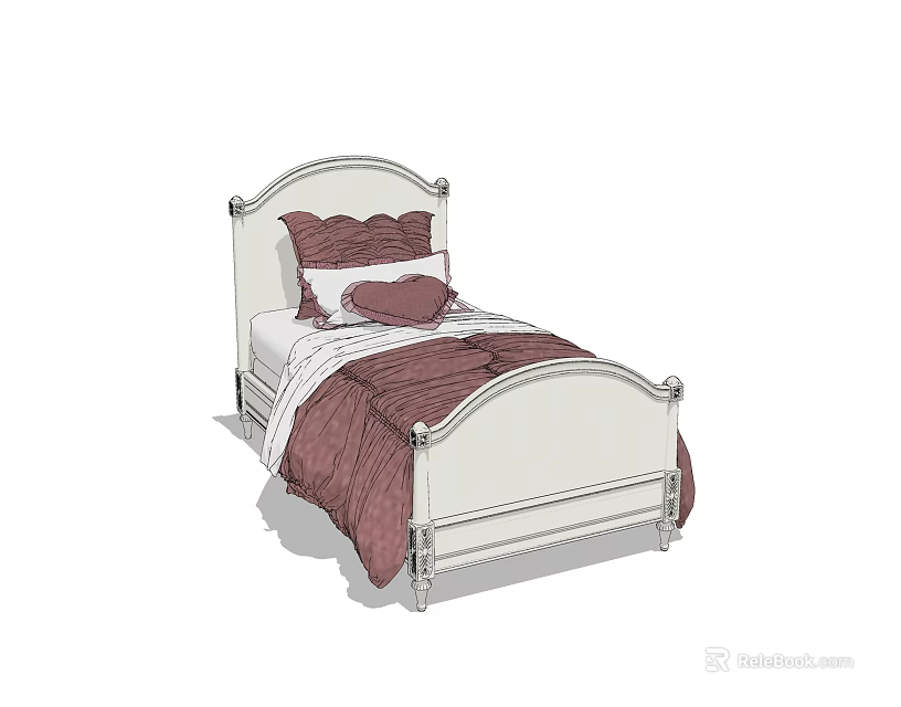 Classic White Single Bed Frame With Red And White Bedding And Decorative Headboard 3d model