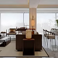 Elegant Chinese Style Living Dining Room Interior With Wooden Screen Lantern Sofa And Coffee Table