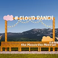 Cloud Ranch Themed Art Installation With Cloud Shaped Decor Wooden Frame String Lights And Bench 3d model
