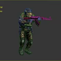 Camouflaged Armored Game Movie Character Holding Rifle in Combat Stance with Tactical Gear