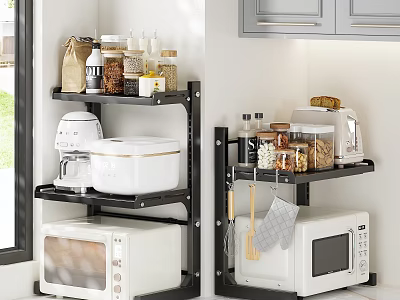 Black Kitchen Shelving Unit Organizing Appliances Jars And Cookware In Modern Kitchen 3d model