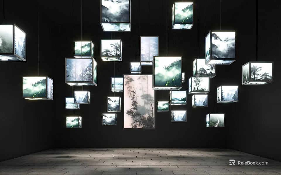 Hanging Square Decorative Lamps With Artistic Landscape Designs On Dark Background 3d model 