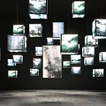 Hanging Square Decorative Lamps With Artistic Landscape Designs On Dark Background